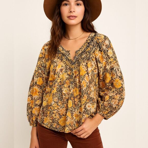 Free People Tops - Free People We The Free Cool Meadow Floral Smocked Boho Top XS Cotton Yellow  EU